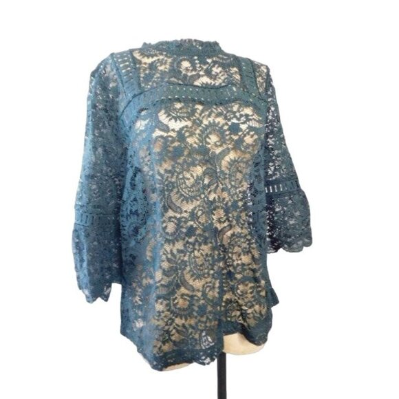 Ann Taylor LOFT Size M Dark Green Lace Semi Sheer Blouse Top - Picture 2 of 2